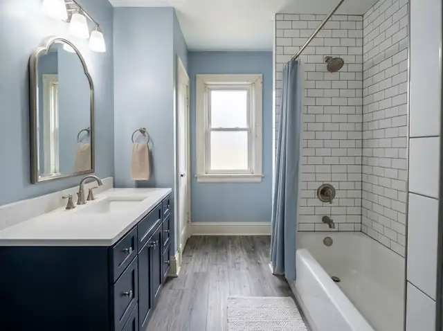 Remodeled bathroom with a navy vanity, white tile tub surround and gray plank flooring