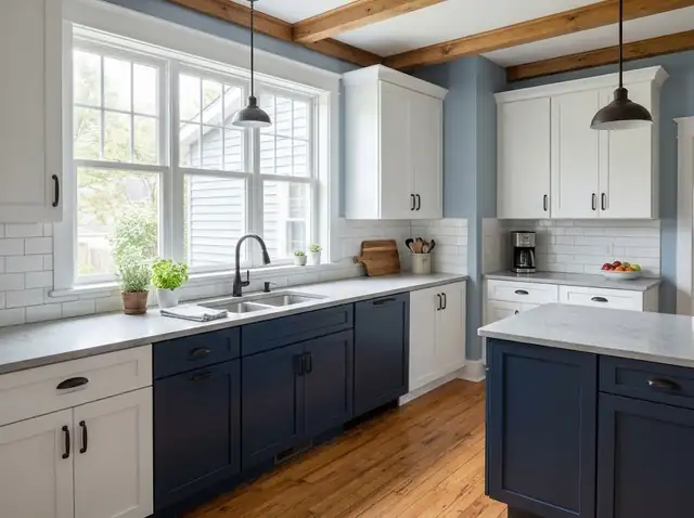 Remodeled kitchen with white shaker cabinets, light countertops and a wood floor
